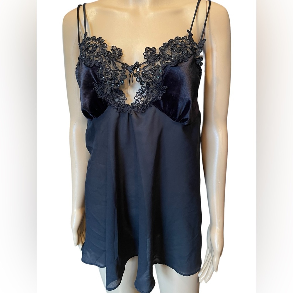 Je T’adore Vintage 90s Black Beaded Sequin Velvet Glam Sheer  Lingerie Slip Top